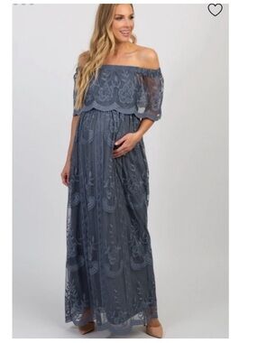 Pinkblush Lace Maternity Maxi Dress in Gray-Blue